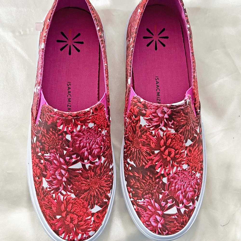 FLATS, ISAAC MIZRAHI, LADIES 8B, CRYSANTHEMUM PINK MULTI, SLIP ON, CANVAS, RUBBE